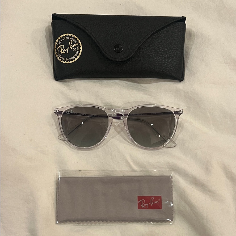 Ray-Ban Clear Frame Sunglasses with Gray Lenses and purple temples